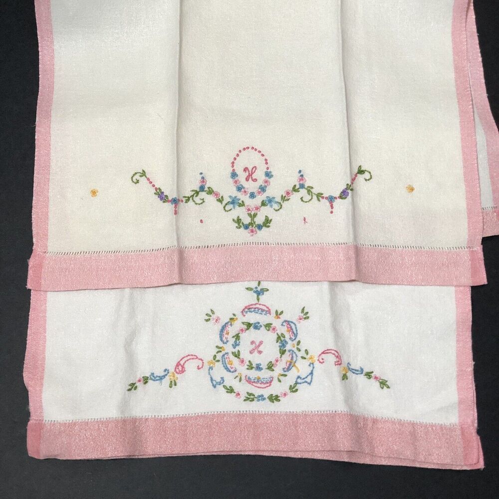 Vintage Tea Towel Set Monogram H K X Embroidered Tiny Flowers Pink Blue - Picture 16 of 16